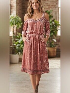 Lucky Brand Dusty Pink Velvet Fairycore Whimsi Cold Shoulder Dress Size Medium